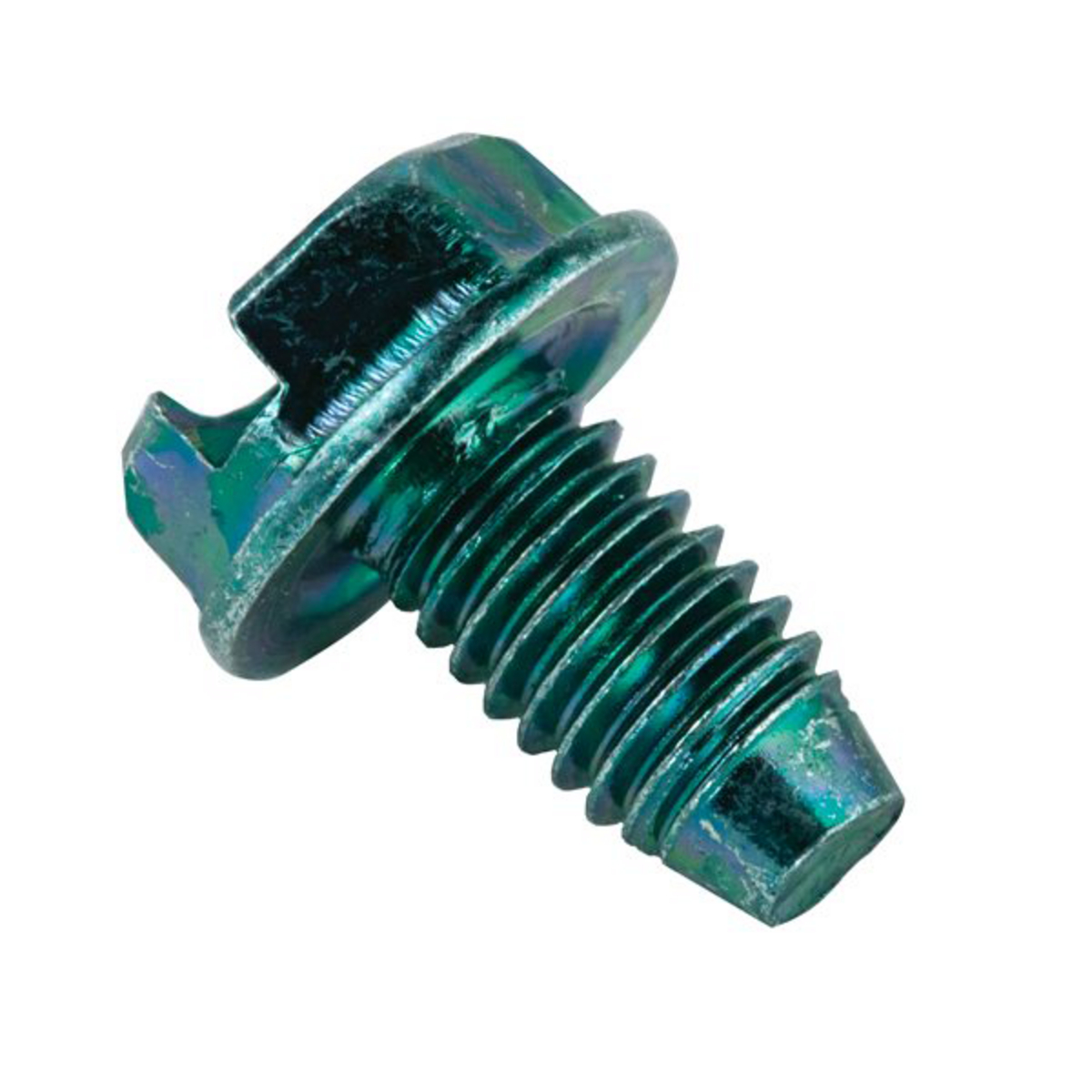 Ground Screws and Clips, Slotted head green dye finish 3/8 In. groundscrew for 10-32 tapped hole, clam shell package (100 pc. per clamshell)