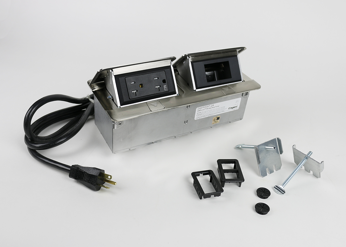 Unit includes one (1) 20A black tamper-resistant duplex receptacle. Second opening will accept adapter for one (1) Wiremold CM Series Open System 2A module, one (1) Ortronics Series II or one (1) TracJack adapter to accommodate a wide range of communication outlets. Adapters are included in hardware bag. Unit comes with a 6' (1.83m) cord. Comes with a brushed stainless steel finish.