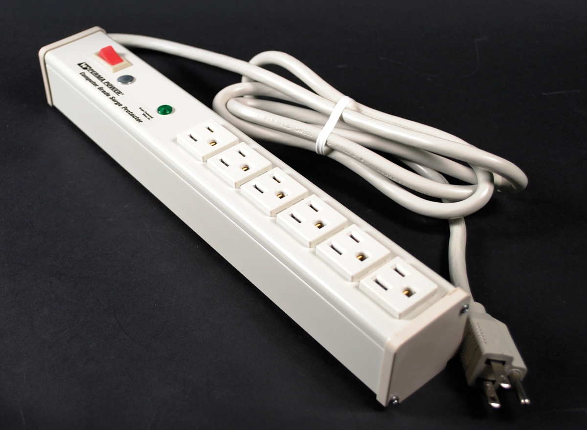 Perma Power computer grade surge protection. Six outlets, lighted switch, durable putty white aluminum housing, 15A. 6' (1.8m) 14/3 SJT putty white cord with NEMA5-15 plug. Length 16