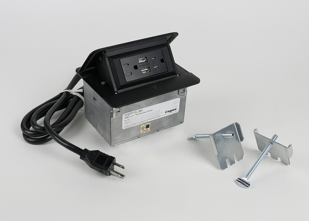 Unit includes one (1) 15A black tamper-resistant duplex receptacle with two (2) USB ports that provide 3.1A. Unit comes with a 6' (1.83m) cord. Comes with a black powder coat finish.