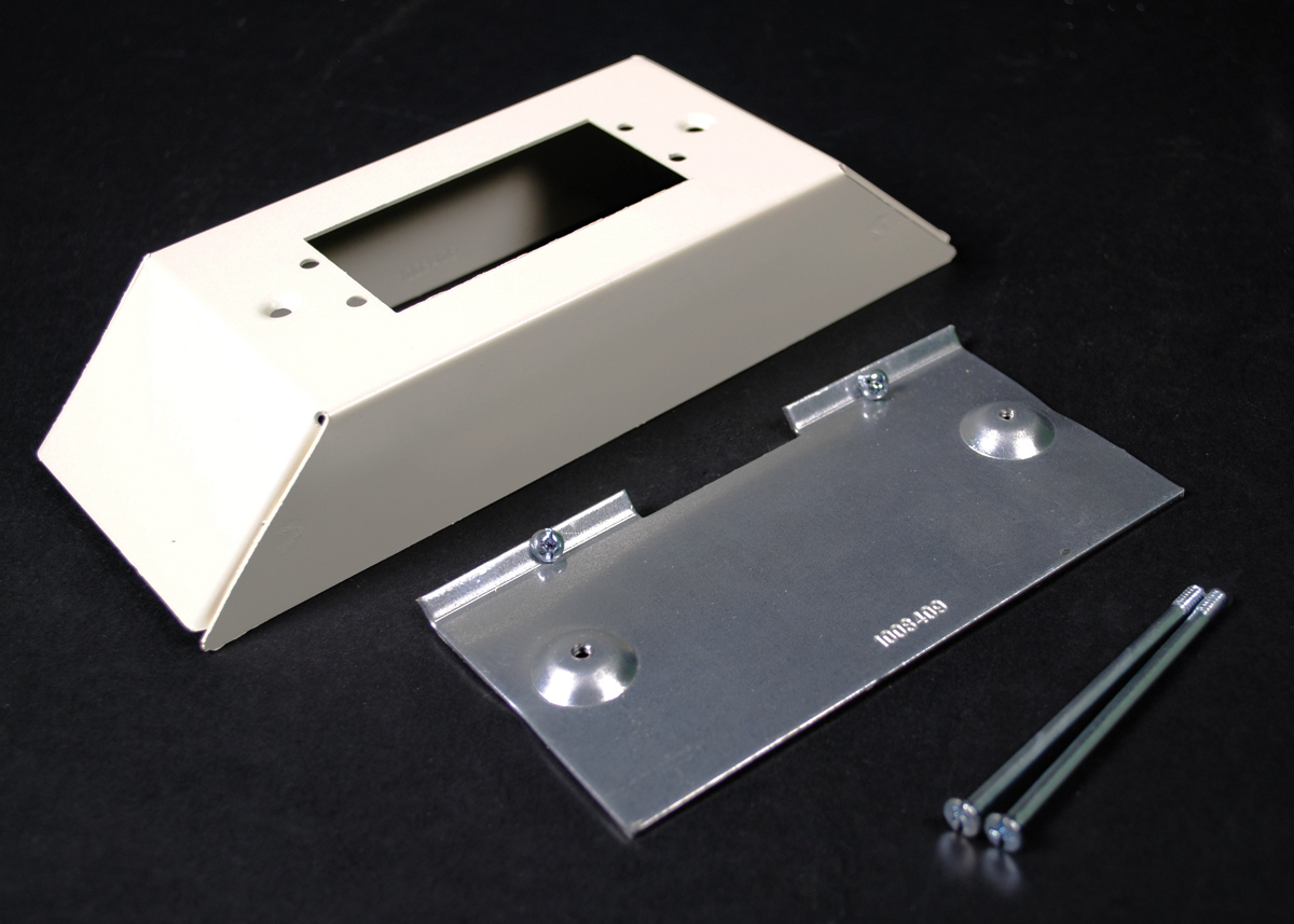 Device plate for use with two Extron Electronics AAP single space modules. Ivory