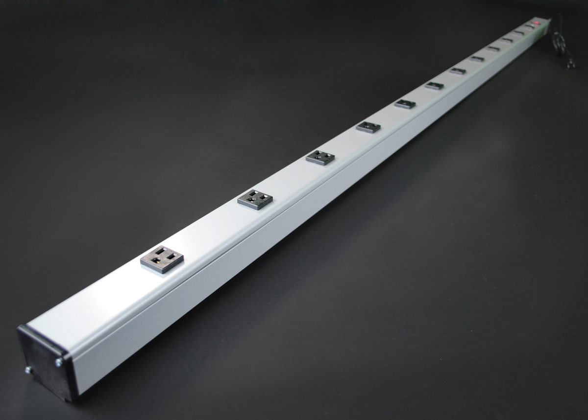 Twelve outlets, rugged gray aluminum housing, 15A, lighted switch, 15' (4.6m) 14/3 SJT black cord with NEMA5-15 plug. Length 72