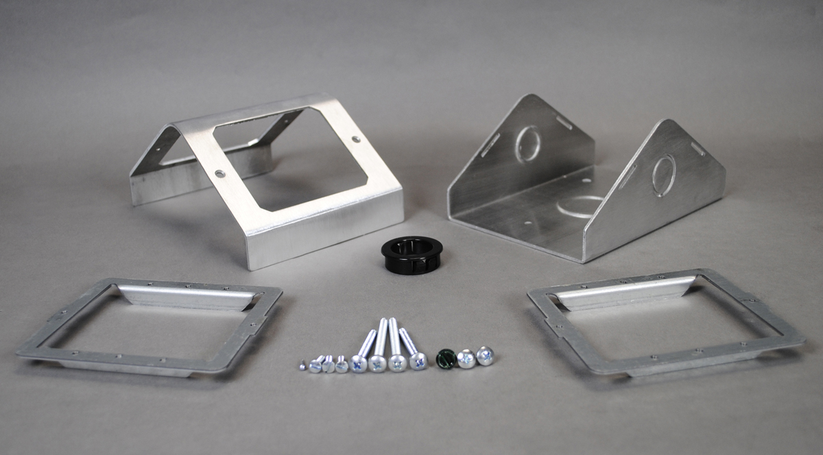 Single-service fitting includes housing, base, two mounting frames, and mounting hardware. For use on 2
