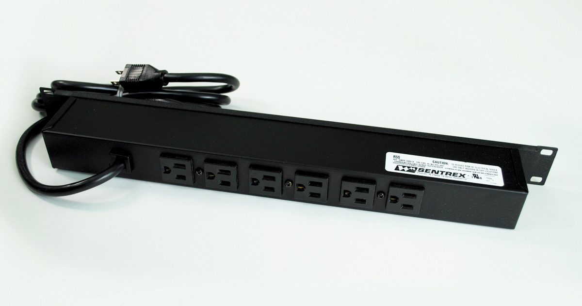 Six rear outlets, lighted switch, 15A. 15' (4.6m) cord. Sentrex high performance surge protection.
