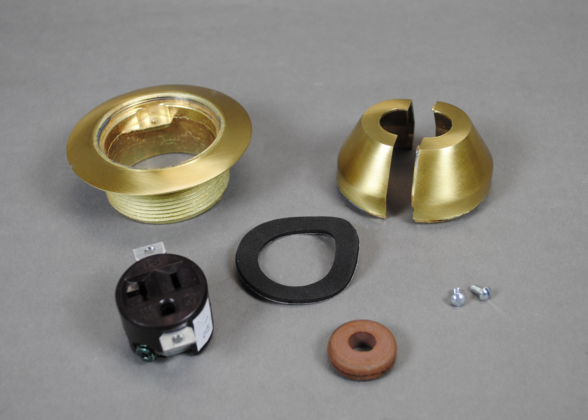 Brass finish fitting includes housing, bell cap, grommet, and single U-slot, three-wire grounded, 20A, 125V receptacle.