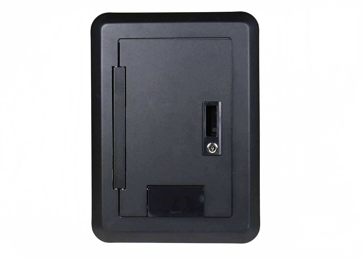 Decorative wall box cover designed to fit onto the 4-gang hinged wall box (EHWB4). Cover comes complete with a hinge that allows the cover to open a full 180 degrees, an integrated handle with lock and key set, and an egress door that allows the cables to exit the box flush against the wall. The cover is offered in two powder-coated finishes white: EHWBC4-WH or black EHWBC4-BK.