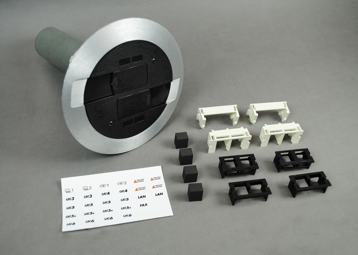 All communication device accepts up to four UTP connectors. Flange available in painted gray (GY), black (BK), ivory (VY), and brushed metal finishes in aluminum (AL) and brass (BS). Aluminum and brass flanges shipped with black cover. Brass flange also available with brass colored cover assembly (AB). Aluminum flange also available with aluminum colored cover assembly (AA). Unit includes two (2) Ortronics TracJack adapters, two (2) Ortronics Series II adapters, and two (2) Wiremold Open System adapters. Modular jacks sold separately. NOTE: Includes two Cat 6 TechChoice discrete keystone connectors, two Ortronics TracJack adapters, and two Wiremold Open System adapters. RC9AMD Series Poke-Thru Devices require a 3 1/16