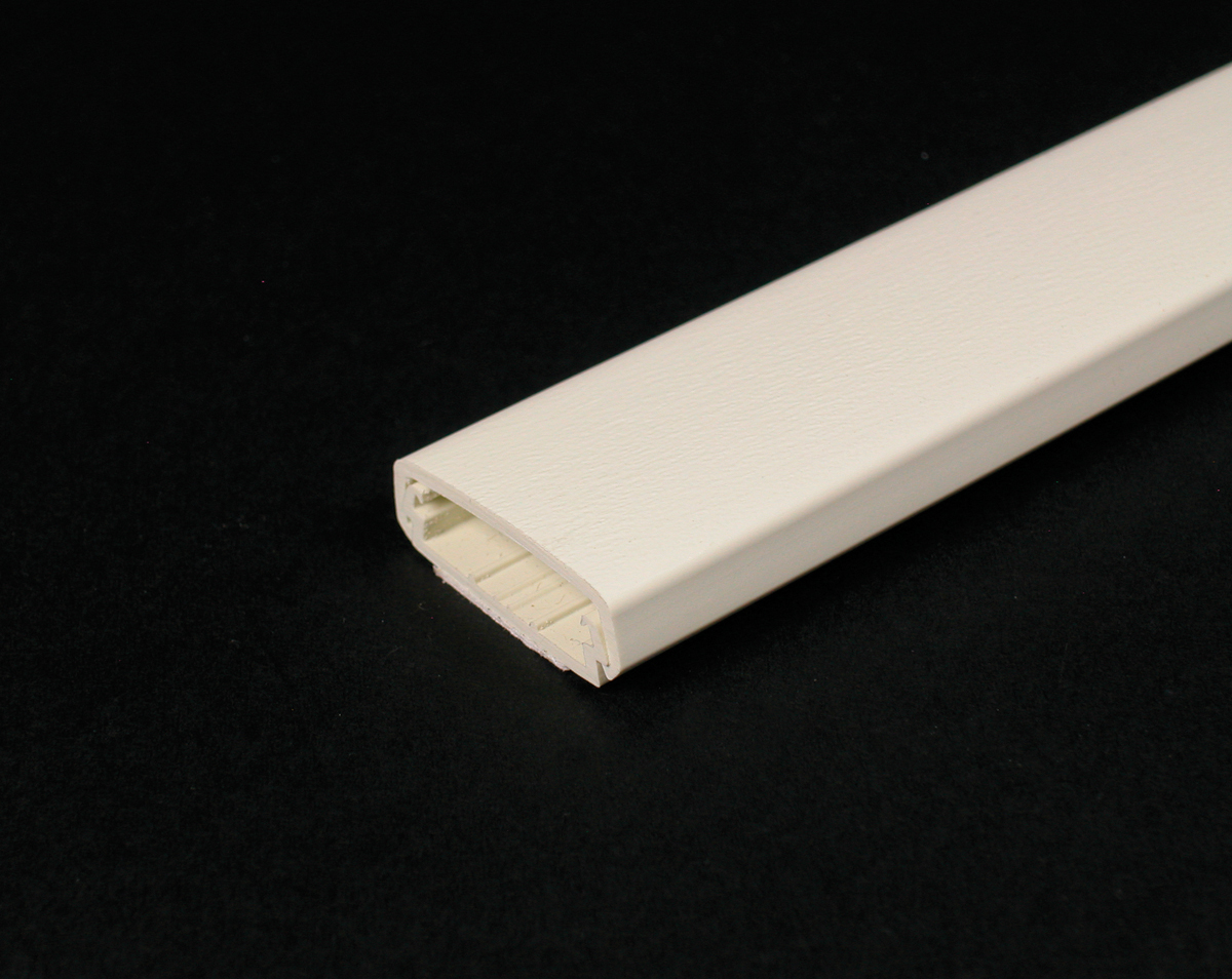 Low-profile, two-piece raceway with durable, textured PVC ivory or white finishes. Available in 5' (1.52m) lengths. Packed 100' (3.05m) per carton. Supplied with wide adhesive tape along its entire length. Ivory