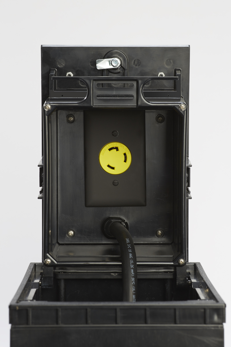 The gray Outdoor Ground Box cover assembly is prewired with (1) 30A L6-30R 240V corrosion-resistant duplex receptacles. CAUTION: All ground box electrical circuits must be protected by a Ground Fault Circuit Interrupter upstream from the ground box. NOTE: Cover must be closed while in use. Use only molded plug and cord assemblies that are rated for outdoor use. NOTE: Maximum length of plug allowed at end of cord is 3