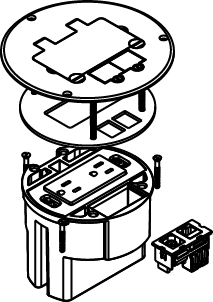 Includes round PVC floor box, one 15A, 125V tamper-resistant decorator style duplex receptacle, one coax F connector, one RJ45 Category 5e connector, and brushed aluminum duplex opening cover plate with single flip lid.