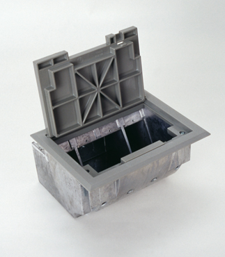 The AF1 Raised Floor and Stage Floor Box provides three separate compartments that accommodate a combination of power, communication and audio/video devices. This combination is accomplished with the built-in service dividers. These dividers are arranged in a single-double, single-gang configuration. Die-cast aluminum housing provides added strength and reliability. Polycarbonate hinged lid and trim flange are available for carpet or tile applications, as well as color choice of black, brown, or gray. NOTE: AF1 Floor Boxes are available in a prewired (power only) version. Consult factory for ordering information. For information on prewired versions with Walkerflex, see the Walkerflex Pages of this website. All boxes and plates are sold separately. Box with Black Tile Cover and Trim. Finish - Black