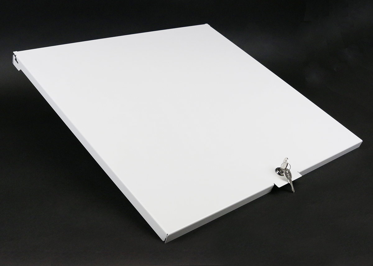 Designed to provide a solid secure panel to protect the audio/video equipment loaded within the enclosure. Panel is designed to work with the ECB2S, ECB2S-CR, and ECB2SRLNK boxes and is powder coated white to match the enclosure. The panels are field paint-able to match the room decor. Includes a lock and key.