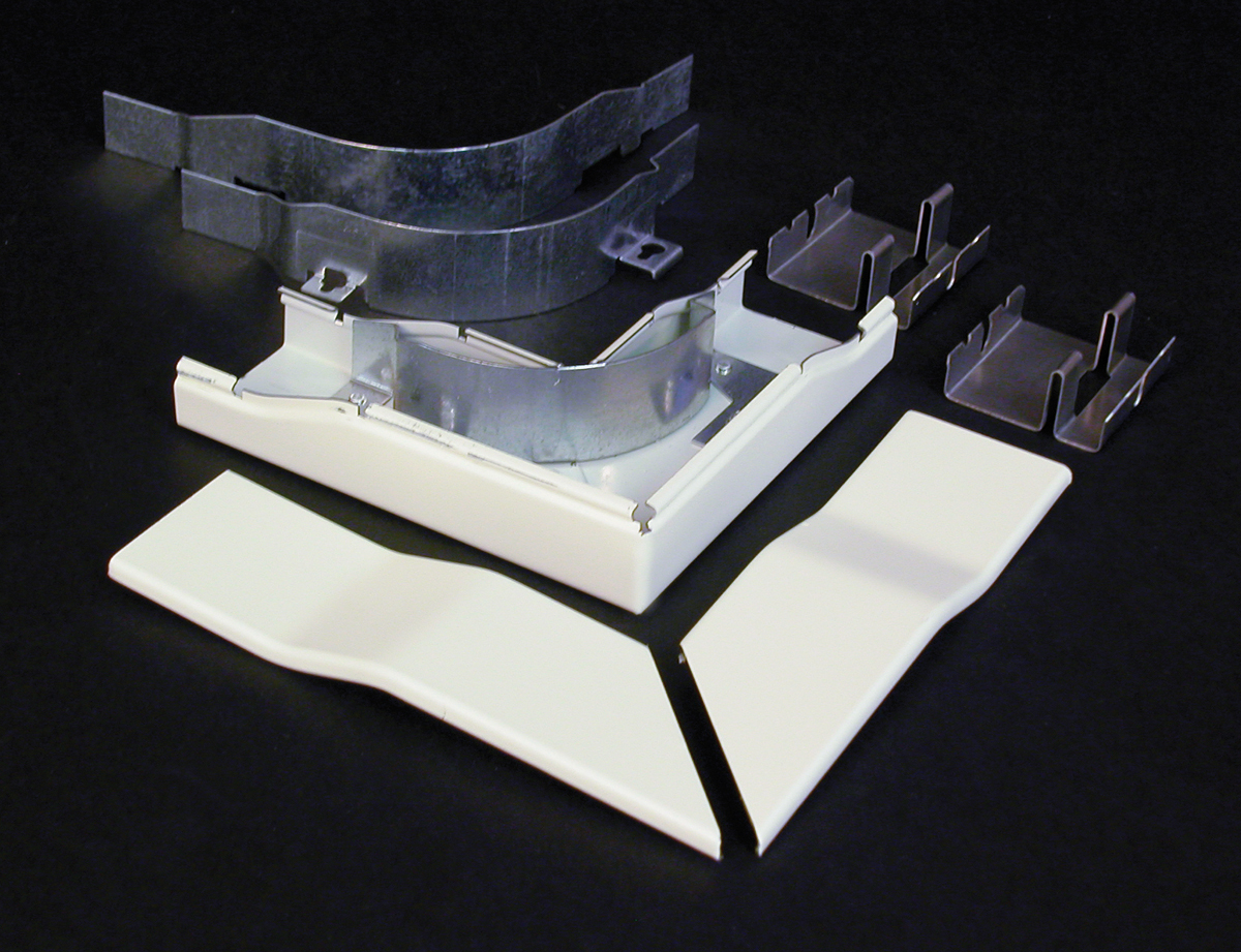 90 degree flat elbow with integral dividers. Provides 2