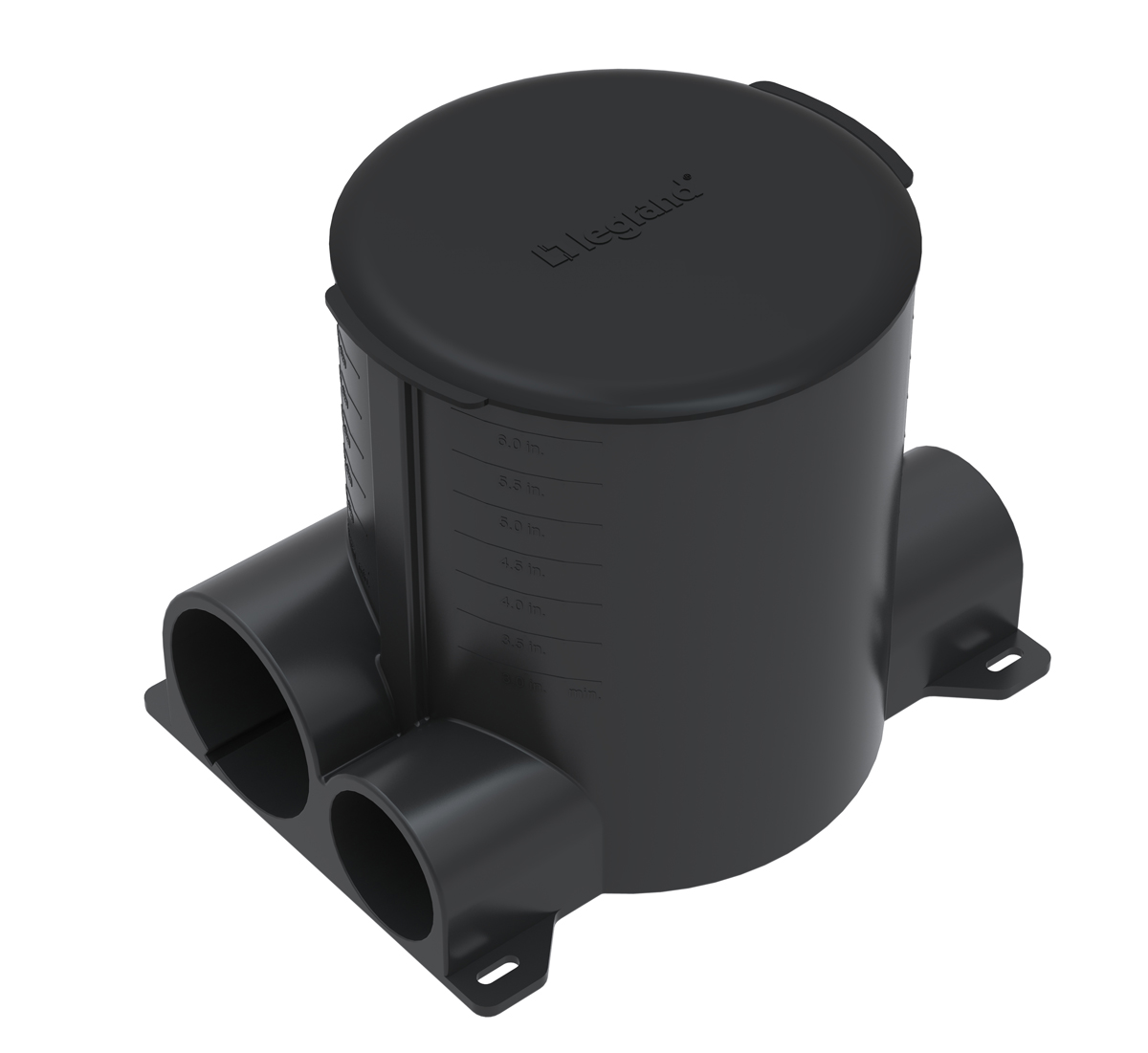 Round dual service nonmetallic concrete floor box. Floor box has two 1 1/4