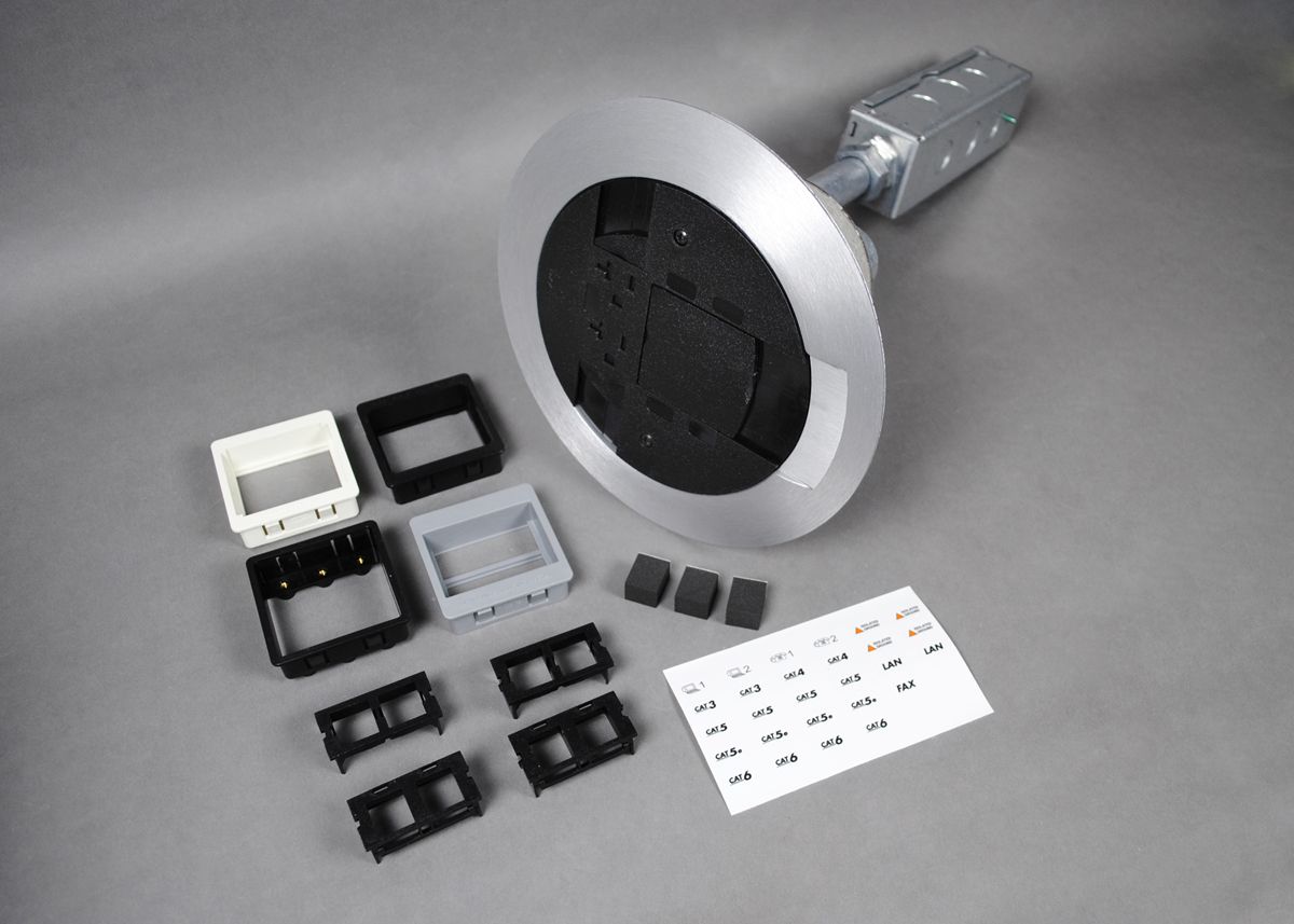 A/V device includes one prewired 20A duplex receptacle which can be wired as a standard receptacle or isolated ground. Finish flange available in gray (GY), black (BK), ivory (VY), brushed aluminum (AL) and brass finish (BS). Aluminum and brass flanges standard with black cover. Aluminum flange also available with an aluminum colored nonmetallic cover (AA). Brass flange also available with brass colored nonmetallic cover (AB). Includes one adpater to accept Legrand AVIP or Extron Electronics MAAP mini architectural adapter plates, Wiremold Open System adapters, and Ortronics TracJack and Series II mounting adapters. Modular Jacks sold separately. NOTE: Assembled with scrub water gasket. For use on tile or carpet floors. AV3 Series Poke-Thru Devices require a 4