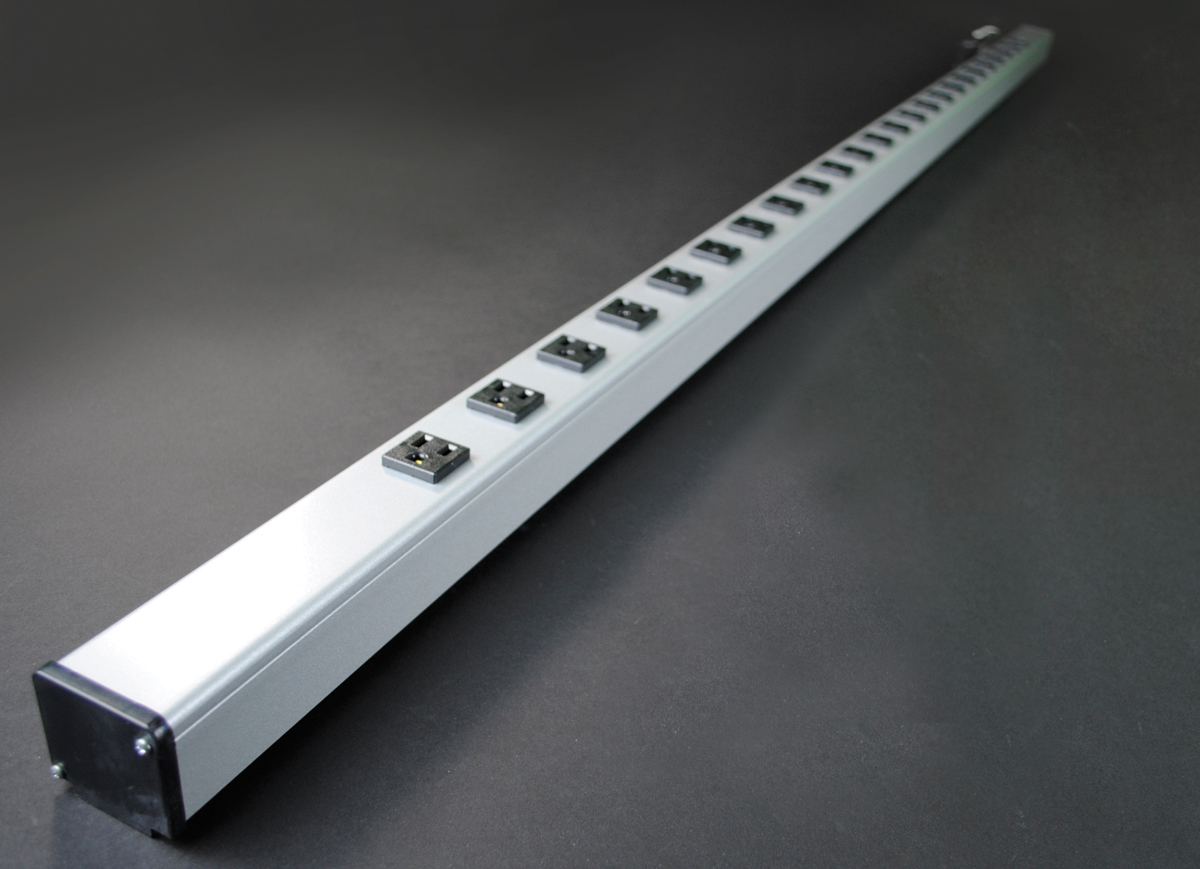 Twenty-four outlets, rugged gray aluminum housing, 15A, 6' (1.8m) 14/3 SJT black cord with NEMA5-15 plug. Length 72