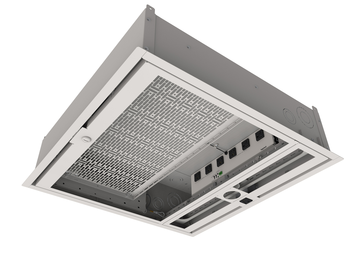 Fully finished enclosure designed to manage and store A/V equipment in an air handling plenum space above a false ceiling. Has a built-in projector mount that utilizes a 1 1/2