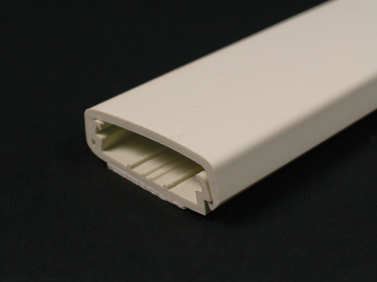 Low-profile, two-piece raceway with durable, textured PVC ivory or white finishes. Available in 5' (1.52m) lengths. Packed 50' (1.5sm) per carton. Supplied with wide adhesive tape along its entire length. Ivory