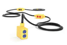 Product image for Woodhead 3095-002 Super-Safeway® Factory-Wired, 3-Phase Stringer Set, 2-Sided, One Box/Phase on 3.05m Center, Color-Coded NEMA 5-20 Receptacles, 12/5 SOW Cord, L21-20 Plug