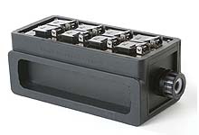 Product image for Woodhead 3400L Super-Safeway® Single-Phase, Multiple Outlet Box, (4) NEMA 5-15 Duplex with Flip Lids, F4 (1") Cord Grip Body, Black