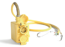 Product image for Woodhead 70W33A123GFWatertite® Multiple Outlet Pendant Box, GFCI, (1)NEMA 5-20 Duplex with Flip Lids, 7.62m (25.0' ) Cord Length, 12/3 SOOW Cord, Double Eye Wire Mesh Support Grip