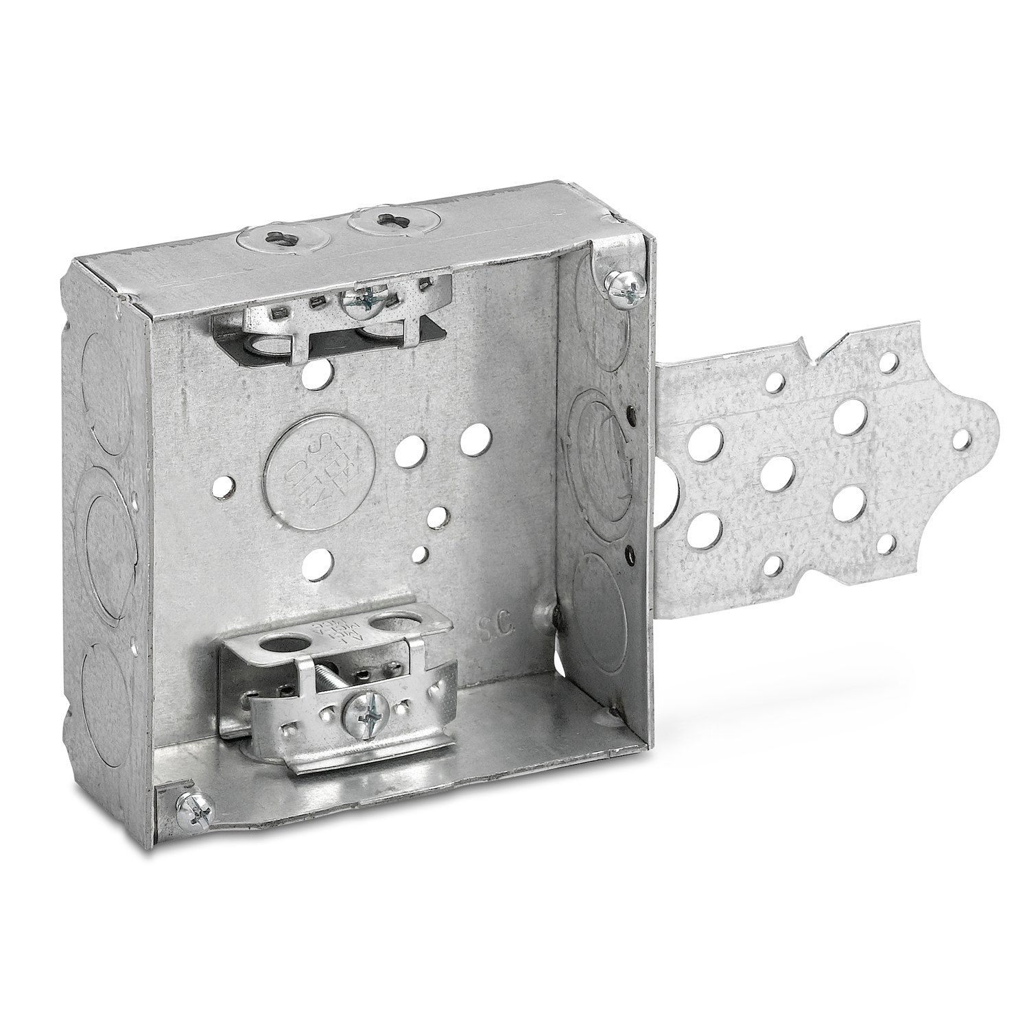 Product image for Steel City 52151-BX 4 Inch 21cu.in Steel Square Box with 1/2 Inch Knockout, Bracket, and Clamp