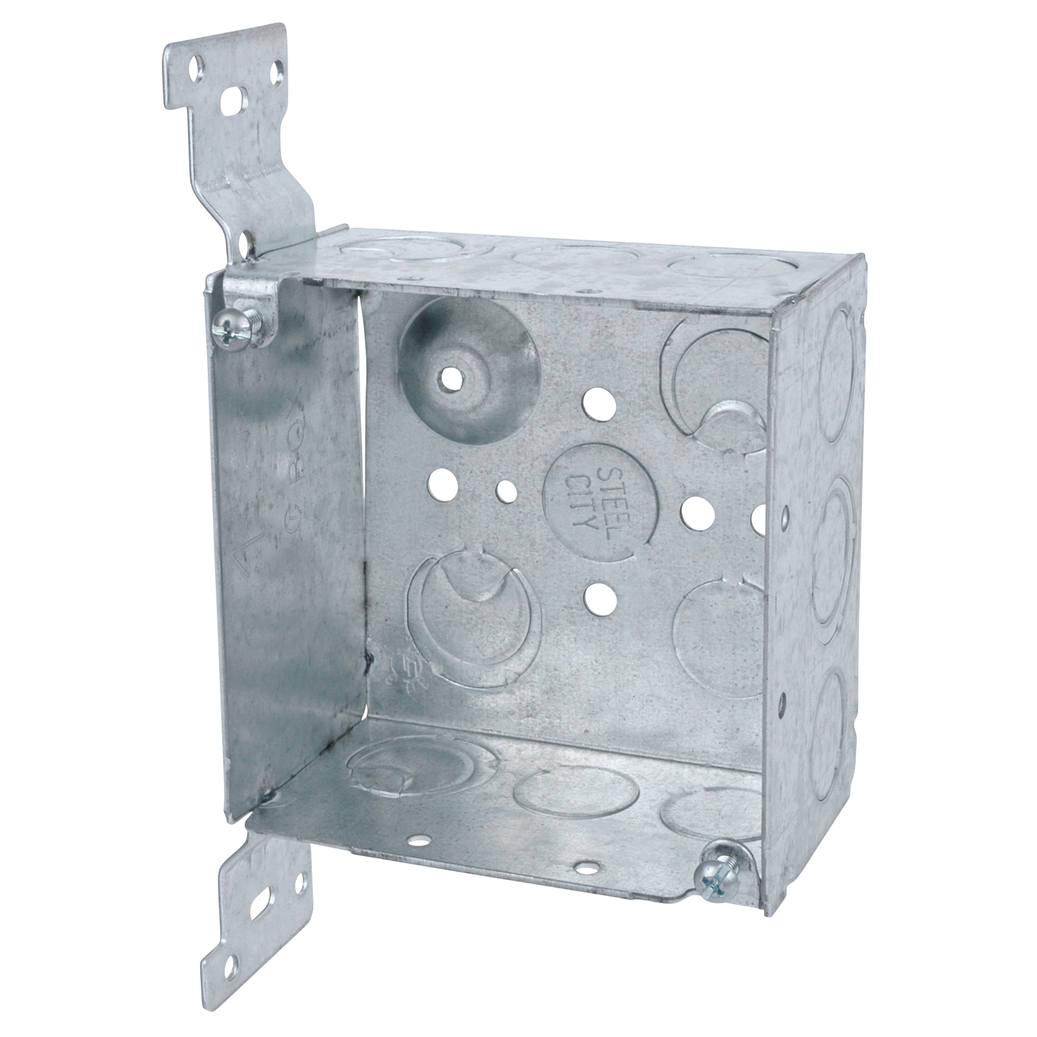 Product image for Steel City 52171-CV1/2-3/4 4 x 2-1/8 Inch Steel Square Box with 1/2 and 3/4 Eccentric Knockouts and Bracket