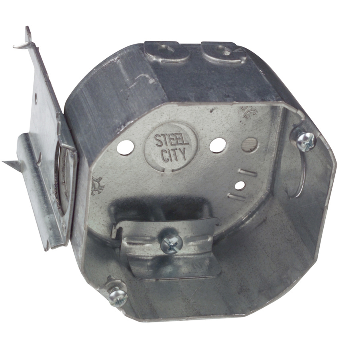Product image for Steel City 54171-NL 4 Inch 22.5cu.in Steel Octagon Box with 1/2 Inch Knockout, Bracket and Clamp