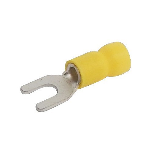 Vinyl Insulated Fork/Spade Terminals - 12-10 Wire, #10 Stud - These Fork/Spade Terminals are Vinyl Insulated.Vinyl Insulated Fork/SpadeTerminals - 12-10 Wire, #10 Stud features include:  Fork/Spade Terminals are Vinyl Insulated Color Coded Insulation for easy identification Manufactured from High Strength Copper Alloy Electro-Tin Plated for corrosion resistance Easy Entry Expanded Insulation eliminates strand ldquo;Hang Up, increasing crimping rates and provides mechanical strain relief Wire range stamped on the surface for easy interpretation Terminal Barrel has Butted Seam Serrated Barrel provides excellent electrical contact  resistance to pull-out forces 167deg;F (75deg;C) 600 Volts Max Maximum Electrical Current: 22 AWG - 9 Amp, 20 AWG - 12 Amp, 18 AWG - 17 Amp, 16 AWG - 18 Amp, 14 AWG - 30 Amp, 12 AWG - 35 Amp, 10 AWG - 50 Amp cULus Listed Order Qty of 100 = 1 Bag of 100 Below is more info on our Vinyl Insulated Fork/Spade Terminals - 12-10 Wire, #10 Stud