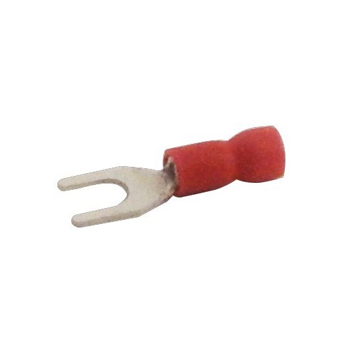 Vinyl Insulated Fork/Spade Terminals - 22-16 Wire, #6 Stud - These Fork/Spade Terminals are Vinyl Insulated.Vinyl Insulated Fork/Spade Terminals - 22-16 Wire, #6 Stud features include:  Fork/Spade Terminals are Vinyl Insulated Color Coded Insulation for easy identification Manufactured from High Strength Copper Alloy Electro-Tin Plated for corrosion resistance Easy Entry Expanded Insulation eliminates strand ldquo;Hang Up, increasing crimping rates and provides mechanical strain relief Wire range stamped on the surface for easy interpretation Terminal Barrel has Butted Seam Serrated Barrel provides excellent electrical contact  resistance to pull-out forces 167deg;F (75deg;C) 600 Volts Max Maximum Electrical Current: 22 AWG - 9 Amp, 20 AWG - 12 Amp, 18 AWG - 17 Amp, 16 AWG - 18 Amp, 14 AWG - 30 Amp, 12 AWG - 35 Amp, 10 AWG - 50 Amp cULus Listed Order Qty of 100 = 1 Bag of 100 Below is more info on our Vinyl Insulated Fork/Spade Terminals - 22-16 Wire, #6 Stud