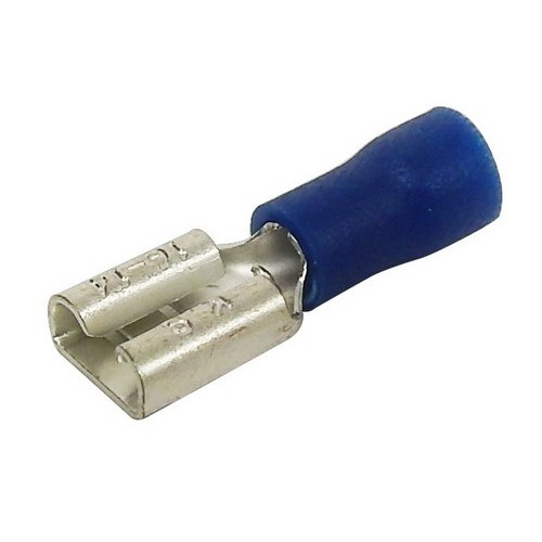 Vinyl Insulated Female Disconnects - 16-14 Wire, .032x.250 Tab - Female Vinyl Insulated Disconnectors for electrical work.Vinyl Insulated Female Disconnects - 16-14 Wire, .032x.250 Tab features include:  Female Disconnects are Vinyl Insulated Color Coded insulation for easy identification Manufactured from High Strength Brass Electro-Tin Plated for corrosion resistance Easy Entry Expanded Insulation eliminates strand ldquo;Hang Up, increasing crimping rates and provides mechanical strain relief Wire range stamped on the surface for easy interpretation Terminal Barrel has Butted Seam Serrated Barrel provides excellent electrical contact  resistance to pull-out forces 167deg;F (75deg;C) 300 Volts Max Maximum Electric Current: 22 AWG - 3 Amp, 20 AWG - 4 Amp, 18 AWG - 7 Amp, 16 AWG - 10 Amp, 14 AWG - 15 Amp, 12 AWG - 20 Amp, 10 AWG - 24 Amp cULus Listed Dimension Measurements = Inches Order Qty of 100 = 1 Bag of 100 Below is more info on our Vinyl Insulated Female Disconnects - 16-14 Wire, .032x.250 Tab