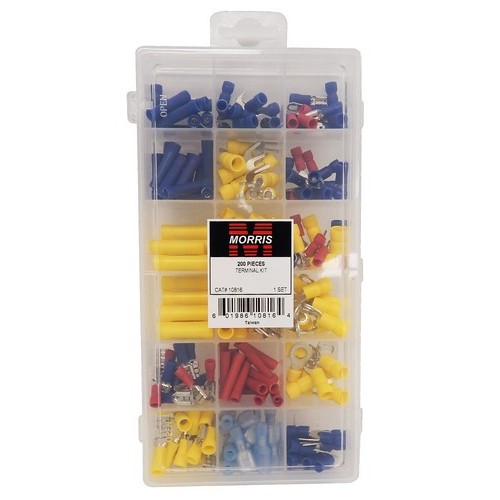 200 Piece Terminal Kit - This Multi Piece Terminal Assortment has all the connectors and terminals you'll need.200 Piece Terminal Kit features include:  High impact reusable plastic box Multi piece terminal assortment contains ring and spade terminals, butt connectors amp; male and female disconnects Contains the following:  4 pcs 10012 Ring Terminal 22-16 #6 4 pcs 10014 Ring Terminal 22-16 #8 4 pcs 10016 Ring Terminal 22-16 #10 4 pcs 10032 Ring Terminal 16-14 #6 4 pcs 10034 Ring Terminal 16-14 #8 5 pcs 10036 Ring Terminal 16-14 #10 4 pcs 10062 Ring Terminal 12-10#8 6 pcs 10064 Ring Terminal 12-10 #10 4 pcs 10066 Ring Terminal 12-10 1/4 4 pcs 10068 Ring Terminal 12-10 5/16 4 pcs 10112 Spade Terminal 22-16 #6 4 pcs 10114 Spade Terminal 22-16 #8 4 pcs 10116 Spade Terminal 22-16 #10 4 pcs 10132 Spade Terminal 16-14 #6 8 pcs 10134 Spade Terminal 16-14 #8 7 pcs 10136 Spade Terminal 16-14 #10 9 pcs 10162 Spade Terminal 12-10 #8 16 pcs 10164 Spade Terminal 12-10 #10 4 pcs 10166 Spade Terminal 12-10 1/4 11 pcs 10182 Butt Connector 22-18 11 pcs 10184 Butt Connector 16-14 9 pcs 10186 Butt Connector 12-10 4 pcs 10214 Male Disconnect 22-16 .250 4 pcs 10224 Male Disconnect 16-14 .250 4 pcs 10232 Male Disconnect 12-10 .250 5 pcs 10314 Female Disconnect 22-18 .250 4 pcs 10322 Female Disconnect 16-14 .187 11 pcs 10324 Female Disconnect 16-14 .250 13 pcs 10332 Female Disconnect 12-10 .250 4 pcs 10411 Female Insul Disconn 22-18 .250 5 pcs 10412 Female Insul Disconn 16-14 .250 4 pcs 10414 Female Insul Disconn 12-10 .250 4 pcs 10415 Male Insul Disconn 22-18 .250 4 pcs 10416 Male Insul Disconn 16-14 .250   Terminals and Disconnects are cULus Listed Order Qty of 1 = 1 Terminal Kit Below is more info on our 200 Piece Terminal Kit