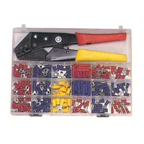 200 Piece Terminal Kit with Controlled Cycle Crimp Tool - This Multi Piece Terminal Assortment has all the connectors, terminals and the Crimp Tool you'll need.200 Piece Terminal Kit with Controlled Cycle Crimp Tool features include:  High impact reusable plastic box 22-10 Awg Ergonomic Controlled Cycle Crimp Tool Multi piece terminal assortment contains ring and spade terminals, butt connectors amp; male and female disconnects Contains the following:  4 pcs 10012 Ring Terminal 22-16 #6 4 pcs 10014 Ring Terminal 22-16 #8 4 pcs 10016 Ring Terminal 22-16 #10 4 pcs 10032 Ring Terminal 16-14 #6 4 pcs 10034 Ring Terminal 16-14 #8 5 pcs 10036 Ring Terminal 16-14 #10 4 pcs 10062 Ring Terminal 12-10#8 6 pcs 10064 Ring Terminal 12-10 #10 4 pcs 10066 Ring Terminal 12-10 1/4 4 pcs 10068 Ring Terminal 12-10 5/16 4 pcs 10112 Spade Terminal 22-16 #6 4 pcs 10114 Spade Terminal 22-18 #8 4 pcs 10116 Spade Terminal 22-18 #10 4 pcs 10132 Spade Terminal 16-14 #6 8 pcs 10134 Spade Terminal 16-14 #8 7 pcs 10136 Spade Terminal 16-14 #10 9 pcs 10162 Spade Terminal 12-10 #8 16 pcs 10164 Spade Terminal 12-10 #10 4 pcs 10166 Spade Terminal 12-10 1/4 11 pcs 10182 Butt Connector 22-18 11 pcs 10184 Butt Connector 16-14 9 pcs 10186 Butt Connector 12-10 4 pcs 10214 Male Disconnect 22-16 .250 4 pcs 10224 Male Disconnect 16-14 .250 4 pcs 10232 Male Disconnect 12-10 .250 5 pcs 10314 Female Disconnect 22-18 .250 4 pcs 10322 Female Disconnect 16-14 .187 11 pcs 10324 Female Disconnect 16-14 .250 13 pcs 10332 Female Disconnect 12-10 .250 4 pcs 10411 Female Insul Disconn 22-18 .250 5 pcs 10412 Female Insul Disconn 16-14 .250 4 pcs 10414 Female Insul Disconn 12-10 .250 4 pcs 10415 Male Insul Disconn 22-18 .250 4 pcs 10416 Male Insul Disconn 16-14 .250   Terminals and Disconnects are cULus Listed Order Qty of 1 = 1 Terminal Kit Below is more info on our 200 Piece Terminal Kit with Controlled Cycle Crimp Tool