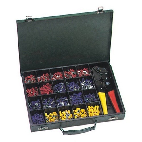 500 Piece Terminal Kit with Controlled Cycle Crimp Tool - This Multi Piece Terminal Assortment has all the connectors, terminals and the Crimp Tool you'll need.500 Piece Terminal Kit with Controlled Cycle Crimp Tool features include:  High impact reusable Steel Box 22-10 Awg Ergonomic Controlled Cycle Crimp Tool Multi piece terminal assortment contains ring and spade terminals, butt connectors amp; male and female disconnects Contains the following:  8 pcs 10012 Ring Terminal 22-16 #6 10 pcs 10014 Ring Terminal 22-16 #8 8 pcs 10016 Ring Terminal 22-16 #10 8 pcs 10032 Ring Terminal 16-14 #6 10 pcs 10034 Ring Terminal 16-14 #8 14 pcs 10036 Ring Terminal 16-14 #10 10 pcs 10062 Ring Terminal 12-10#8 16 pcs 10064 Ring Terminal 12-10 #10 10 pcs 10066 Ring Terminal 12-10 1/4 8 pcs 10068 Ring Terminal 12-10 5/16 10 pcs 10112 Spade Terminal 22-16 #6 10 pcs 10114 Spade Terminal 22-18 #8 10 pcs 10116 Spade Terminal 22-18 #10 10 pcs 10132 Spade Terminal 16-14 #6 21 pcs 10134 Spade Terminal 16-14 #8 18 pcs 10136 Spade Terminal 16-14 #10 23 pcs 10162 Spade Terminal 12-10 #8 40 pcs 10164 Spade Terminal 12-10 #10 8 pcs 10166 Spade Terminal 12-10 1/4 28 pcs 10182 Butt Connector 22-18 30 pcs 10184 Butt Connector 16-14 23 pcs 10186 Butt Connector 12-10 8 pcs 10214 Male Disconnect 22-16 .250 10 pcs 10224 Male Disconnect 16-14 .250 10 pcs 10232 Male Disconnect 12-10 .250 14 pcs 10314 Female Disconnect 22-18 .250 10 pcs 10322 Female Disconnect 16-14 .187 28 pcs 10324 Female Disconnect 16-14 .250 35 pcs 10332 Female Disconnect 12-10 .250 10 pcs 10411 Female Insul Disconn 22-18 .250 14 pcs 10412 Female Insul Disconn 16-14 .250 10 pcs 10414 Female Insul Disconn 12-10 .250 8 pcs 10415 Male Insul Disconn 22-18 .250 10 pcs 10416 Male Insul Disconn 16-14 .250   Terminals and Disconnects are cULus Listed Order Qty of 1 = 1 Terminal Kit Below is more info on our 500 Piece Terminal Kit with Controlled Cycle Crimp Tool