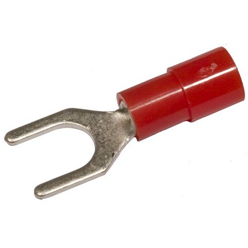 Nylon Insulated Fork/Spade Terminals - 22-16 Wire, #10 Stud - Nylon Insulated Fork/Spade Terminals for electrical work.Nylon Insulated Fork/Spade Terminals - 22-16 Wire, #10 Stud features include:  Fork/Spade Terminals are Nylon Insulated Color Coded Insulation for easy identification Manufactured from High Strength Copper Alloy Electro-Tin Plated for corrosion resistance Easy Entry Expanded Insulation eliminates strand ldquo;Hang Up, increasing crimping rates and provides mechanical strain relief Wire range stamped on the surface for easy interpretation Terminal Barrel has Brazed Seam Serrated Barrel provides excellent electrical contact  resistance to pull-out forces 221deg;F (105deg;C) 600 Volts Max Maximum Electric Current: 22 AWG - 9 Amp, 20 AWG - 12 Amp, 18 AWG - 17 Amp, 16 AWG - 18 Amp, 14 AWG - 30 Amp, 12 AWG - 35 Amp, 10 AWG - 50 Amp, 8 AWG - 70 Amp, 6 AWG - 95 Amp cULus Listed Order Qty of 100 = 1 Bag of 100Below is more info on our Nylon Insulated Fork/Spade Terminals - 22-16 Wire, #10 Stud