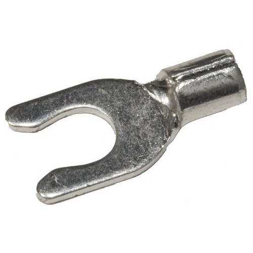 Non-Insulated Locking Fork/Spade Terminals - 22-16 Wire, #6 Stud - Restock your Non Insulated Fork/Spade Terminals with us.Non-Insulated Locking Fork/Spade Terminals - 22-16 Wire, #6 Stud features include:  Non-Insulated Fork/Spade Terminal Material: High Strength Electrolytic Copper  Electro-Tin Plated Brazed Seam Serrated Barrel with Brazed Seam provides excellent electrical contact  resistance to pull-out forces Maximum Electric Current: 22 AWG - 9 Amp, 20 AWG - 12 Amp, 18 AWG - 17 Amp, 16 AWG - 18 Amp, 14 AWG - 30 Amp, 12 AWG - 35 Amp, 10 AWG - 50 Amp 302deg;F(150deg;C) 600 Volts Max cULus Listed Order Qty of 100 = 1 Bag of 100 Below is more info on our Non-Insulated Locking Fork/Spade Terminals - 22-16 Wire, #6 Stud