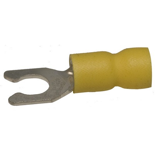 Vinyl Insulated Locking Fork/Spade Terminals - 12-10 Wire, #8 Stud - You'll love working with our Locking Vinyl Insulated Fork/Spade Terminals.Vinyl Insulated Locking Fork/Spade Terminals - 12-10 Wire, #8 Stud features include:  Locking Fork/Spade Terminals are Vinyl Insulated Color Coded insulation for easy identification Manufactured from High Strength Electrolytic Copper Alloy Electro-Tin Plated for corrosion resistance Easy Entry Expanded Insulation eliminates strand ldquo;Hang Up, increasing crimping rates and provides mechanical strain relief Wire range stamped on the surface for easy interpretation Terminal Barrel has Butted Seam Serrated Barrel provides excellent electrical contact  resistance to pull-out forces Locking Configuration of Tang ensures a Positive Lock to terminal post increasing pull-out force resistance 221deg;F (105deg;C) 600 Volts Max Maximum Electric Current: 22 AWG - 9 Amp, 20 AWG - 12 Amp, 18 AWG - 17 Amp, 16 AWG - 18 Amp, 14 AWG - 30 Amp, 12 AWG - 35 Amp, 10 AWG - 50 Amp cULus Listed Order Qty of 100 = 1 Bag of 100 Below is more info on our Vinyl Insulated Locking Fork/Spade Terminals - 12-10 Wire, #8 Stud