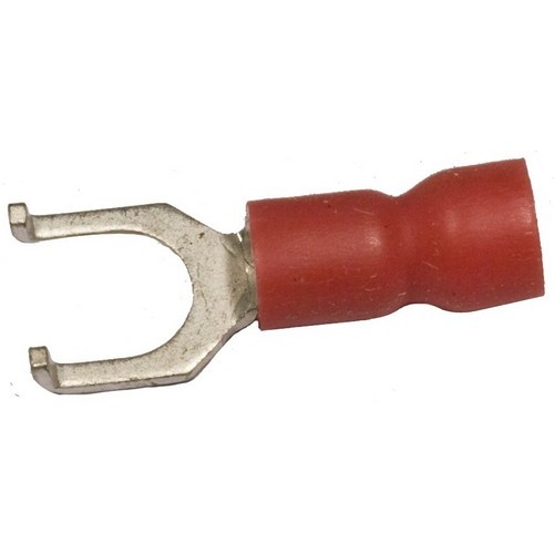 11762-M 601986117623 Vinyl Insulated Flange Fork/Spade Terminals - 22-16 Wire, #4 Stud - An easy way to restock your Vinyl Insulated Flange Fork/Spade Terminals.Vinyl Insulated Flange Fork/Spade Terminals - 22-16 Wire, #4 Stud features include:  Flanged Fork/Spade Terminals are Vinyl Insulated Color Coded insulation for easy identification Manufactured from High Strength Electrolytic Copper Alloy Electro-Tin Plated for corrosion resistance Easy Entry Expanded Insulation eliminates strand ldquo;Hang Up, increasing crimping rates and provides mechanical strain relief Wire range stamped on the surface for easy interpretation Terminal barrel has butted seam Serrated Barrel provides excellent electrical contact  resistance to pull-out forces Flanged Configuration of Tang ensures a Positive Lock to terminal base increasing pull-out force resistance 167deg;F (75deg;C) 600 Volts Max Maximum Electric Current: 22 AWG - 9 Amp, 20 AWG - 12 Amp, 18 AWG - 17 Amp, 16 AWG - 18 Amp, 14 AWG - 30 Amp, 12 AWG - 35 Amp, 10 AWG - 50 Amp cULus Listed Order Qty of 100 = 1 Bag of 100 Below is more info on our Vinyl Insulated Flange Fork/Spade Terminals - 22-16 Wire, #4 Stud