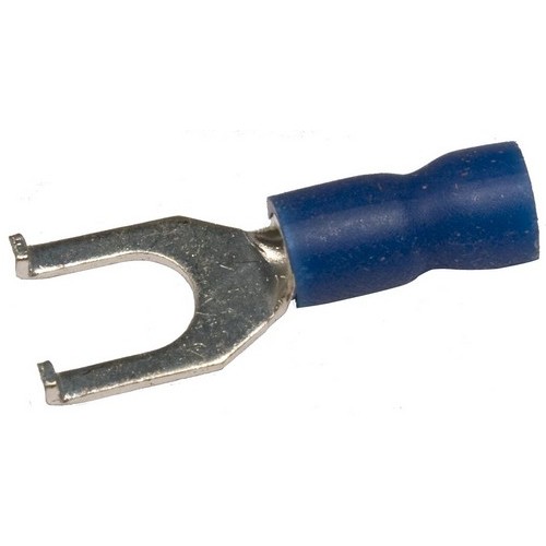 Vinyl Insulated Flange Fork/Spade Terminals - 16-14 Wire, #10 Stud - An easy way to restock your Vinyl Insulated Flange Fork/Spade Terminals.Vinyl Insulated Flange Fork/Spade Terminals - 16-14 Wire, #10 Stud features include:  Flanged Fork/Spade Terminals are Vinyl Insulated Color Coded insulation for easy identification Manufactured from High Strength Electrolytic Copper Alloy Electro-Tin Plated for corrosion resistance Easy Entry Expanded Insulation eliminates strand ldquo;Hang Up, increasing crimping rates and provides mechanical strain relief Wire range stamped on the surface for easy interpretation Terminal barrel has butted seam Serrated Barrel provides excellent electrical contact  resistance to pull-out forces Flanged Configuration of Tang ensures a Positive Lock to terminal base increasing pull-out force resistance 167deg;F (75deg;C) 600 Volts Max Maximum Electric Current: 22 AWG - 9 Amp, 20 AWG - 12 Amp, 18 AWG - 17 Amp, 16 AWG - 18 Amp, 14 AWG - 30 Amp, 12 AWG - 35 Amp, 10 AWG - 50 Amp cULus Listed Order Qty of 100 = 1 Bag of 100 Below is more info on our Vinyl Insulated Flange Fork/Spade Terminals - 16-14 Wire, #10 Stud