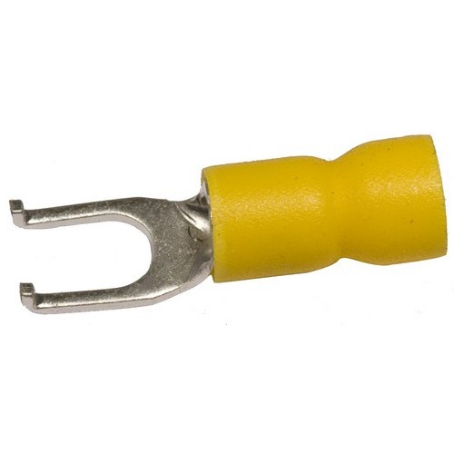Vinyl Insulated Flange Fork/Spade Terminals - 12-10 Wire, #8 Stud - An easy way to restock your Vinyl Insulated Flange Fork/Spade Terminals.Vinyl Insulated Flange Fork/Spade Terminals - 12-10 Wire, #8 Stud features include:  Flanged Fork/Spade Terminals are Vinyl Insulated Color Coded insulation for easy identification Manufactured from High Strength Electrolytic Copper Alloy Electro-Tin Plated for corrosion resistance Easy Entry Expanded Insulation eliminates strand ldquo;Hang Up, increasing crimping rates and provides mechanical strain relief Wire range stamped on the surface for easy interpretation Terminal barrel has butted seam Serrated Barrel provides excellent electrical contact  resistance to pull-out forces Flanged Configuration of Tang ensures a Positive Lock to terminal base increasing pull-out force resistance 167deg;F (75deg;C) 600 Volts Max Maximum Electric Current: 22 AWG - 9 Amp, 20 AWG - 12 Amp, 18 AWG - 17 Amp, 16 AWG - 18 Amp, 14 AWG - 30 Amp, 12 AWG - 35 Amp, 10 AWG - 50 Amp cULus Listed Order Qty of 100 = 1 Bag of 100 Below is more info on our Vinyl Insulated Flange Fork/Spade Terminals - 12-10 Wire, #8 Stud