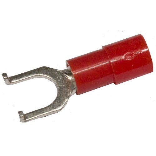Nylon Insulated Flange Fork/Spade Terminals - 22-16 Wire, #10 Stud - Our Nylon Insulated Flange Terminals combine quality and economy.Nylon Insulated Flange Fork/Spade Terminals - 22-16 Wire, #10 Stud features include:  Flanged Fork/Spade Terminals are Nylon Insulated Color Coded insulation for easy identification Manufactured from High Strength Electrolytic Copper Alloy Electro-Tin Plated for corrosion resistance Easy Entry Expanded Insulation eliminates strand ldquo;Hang Up, increasing crimping rates and provides mechanical strain relief Wire range stamped on the surface for easy interpretation Terminal Barrel has Brazed Seam Serrated Barrel provides excellent electrical contact  resistance to pull-out forces Flanged Configuration of Tang ensures a Positive Lock to terminal base increasing pull-out force resistance 221deg;F (105deg;C) 600 Volts Max Maximum Electric Current: 22 AWG - 9 Amp, 20 AWG - 12 Amp, 18 AWG - 17 Amp, 16 AWG - 18 Amp, 14 AWG - 30 Amp, 12 AWG - 35 Amp, 10 AWG - 50 Amp cULus Listed Order Qty of 100 = 1 Bag of 100 Below is more info on our Nylon Insulated Flange Fork/Spade Terminals - 22-16 Wire, #10 Stud