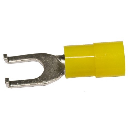 Nylon Insulated Flange Fork/Spade Terminals - 12-10 Wire, #8 Stud - Our Nylon Insulated Flange Fork/Spade Terminals combine quality and economy.Nylon Insulated Flange Fork/Spade Terminals - 12-10 Wire, #8 Stud features include:  Flanged Fork/Spade Terminals are Nylon Insulated Color Coded insulation for easy identification Manufactured from High Strength Electrolytic Copper Alloy Electro-Tin Plated for corrosion resistance Easy Entry Expanded Insulation eliminates strand ldquo;Hang Up, increasing crimping rates and provides mechanical strain relief Wire range stamped on the surface for easy interpretation Terminal Barrel has Brazed Seam Serrated Barrel provides excellent electrical contact  resistance to pull-out forces Flanged Configuration of Tang ensures a Positive Lock to terminal base increasing pull-out force resistance 221deg;F (105deg;C) 600 Volts Max Maximum Electric Current: 22 AWG - 9 Amp, 20 AWG - 12 Amp, 18 AWG - 17 Amp, 16 AWG - 18 Amp, 14 AWG - 30 Amp, 12 AWG - 35 Amp, 10 AWG - 50 Amp cULus Listed Order Qty of 100 = 1 Bag of 100 Below is more info on our Nylon Insulated Flange Fork/Spade Terminals - 12-10 Wire, #8 Stud