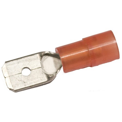 Nylon Insulated Double Crimp Male Disconnects - 22-16 Wire, .032x.110 Tab - Restock your Double Crimp Male Disconnectors with us.Nylon Insulated Double Crimp Male Disconnects - 22-16 Wire, .032x.110 Tab features include:  Double Crimp Male Disconnects are Nylon Insulated Color Coded insulation for easy identification Manufactured from High Strength Brass Electro-Tin Plated for corrosion resistance Easy Entry Expanded Insulation eliminates strand ldquo;Hang Up, increasing crimping rates and provides mechanical strain relief Wire range stamped on the surface for easy interpretation Terminal Barrel has Butted Seam Serrated Barrel provides excellent electrical contact  resistance to pull-out forces Double Crimp Extended Crimp Sleeve provides for multiple crimps resulting in improved electrical contact and pull-out force resistance 221deg;F (105deg;C) 600 Volts Max Maximum Electric Current: 22 AWG - 3 Amp, 20 AWG - 4 Amp, 18 AWG - 7 Amp, 16 AWG - 10 Amp, 14 AWG - 15 Amp, 12 AWG - 20 Amp, 10 AWG - 24 Amp cULus Listed Dimension Measurements = Inches Order Qty of 100 = 1 Bag of 100 Below is more info on our Nylon Insulated Double Crimp Male Disconnects - 22-16 Wire, .032x.110 Tab