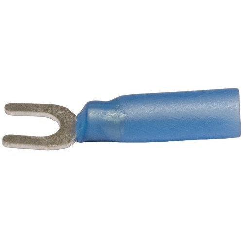 Heat Shrinkable Fork/Spade Terminals - 16-14 Wire, #10 Stud - Heat Shrinkable Fork/Spade Terminals for electrical work.Heat Shrinkable Fork/Spade Terminals - 16-14 Wire, #10 Stud features include:  Heat Shrinkable Fork/Spade Terminal Material: Electrolytic Copper Electro-Tin Plated for corrosion resistance Brazed Seam Serrated Barrel provides excellent electrical contact  resistance to pull-out forces Insulation Material: High Density PE Heat Shrink Maximum Current: 22 AWG - 9 Amp, 20 AWG - 12 Amp, 18 AWG - 17 Amp, 16 AWG - 18 Amp, 14 AWG - 30 Amp, 12 AWG - 35 Amp, 10 AWG - 50 Amp Maximum Rating: 600 Volts Shrink Temp: 302deg F (150deg C) Resistant Temp: 14deg F - 221deg F (-26deg C - 105deg C) cULus Listed Dimension Measurements = Inches Order Qty of 100 = 1 Bag of 100 Below is more info on our Heat Shrinkable Fork/Spade Terminals - 16-14 Wire, #10 Stud