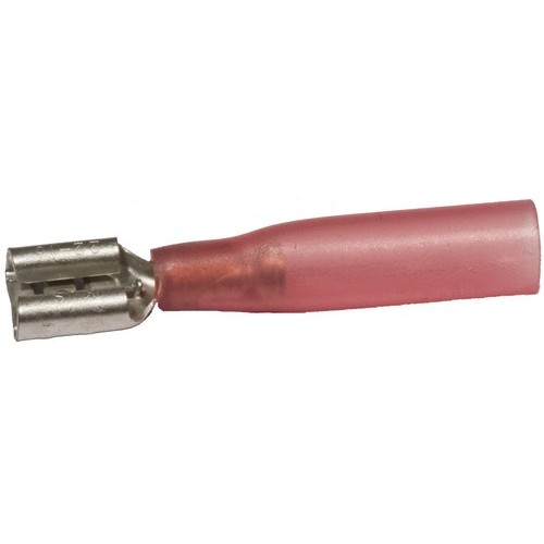 Heat Shrinkable Female Disconnects - 22-16 Wire, .032X.250 Tab - Our Heat Shrinkable Female Disconnectors combine quality and economy.Heat Shrinkable Female Disconnects - 22-16 Wire, .032X.250 Tab features include:  Heat Shrinkable Female Disconnect Material: High Strength Brass Electro-Tin Plated for corrosion resistance Butted Seam Insulation Material: High Density PE Heat Shrink Serrated Barrel provides excellent electrical contact  resistance to pull-out forces Double Crimp Extended Crimp Sleeve provides for multiple crimps resulting in improved electrical contact and pull-out force resistance Max Current: 22 AWG - 3 Amp, 20 AWG - 4 Amp, 18 AWG - 7 Amp, 16 AWG - 10 Amp, 14 AWG - 15 Amp, 12 AWG - 20 Amp, 10 AWG - 24 Amp Max Ratings: 300 Volts Shrink Temp: 302deg F (150deg C) Resistant Temp: 14deg F - 221deg F (-26deg C - 105deg C) cULus Listed Dimension Measurements = Inches Order Qty of 100 = 1 Bag of 100 Below is more info on our Heat Shrinkable Female Disconnects - 22-16 Wire, .032X.250 Tab