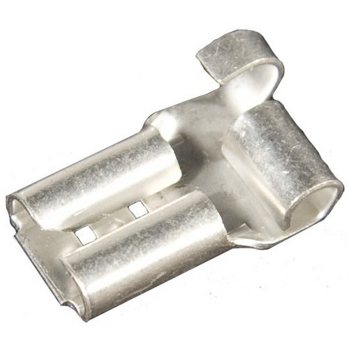 Non-Insulated Flag Female Disconnects - 16-14 Wire, .032x.250 Tab 2 Flag - These Female Disconnectors are Right Angle and Non-Insulated.Non-Insulated Flag Female Disconnects - 16-14 Wire, .032x.250 Tab 2 Flag features include: Manufactured from High Strength Brass Electro-Tin Plated for corrosion resistance Maximum Electric Current: 22 AWG - 3 Amp, 20 AWG - 4 Amp, 18 AWG - 7 Amp, 16 AWG - 10 Amp, 14 AWG - 15 Amp, 12 AWG - 20 Amp, 10 AWG - 24 Amp 302 degF(150 degC) 600 Volts Max Dimension Measurements = Inches Order Qty of 100 = 1 Bag of 100 Below is more info on our Non-Insulated Flag Female Disconnects - 16-14 Wire, .032x.250 Tab 2 Flag