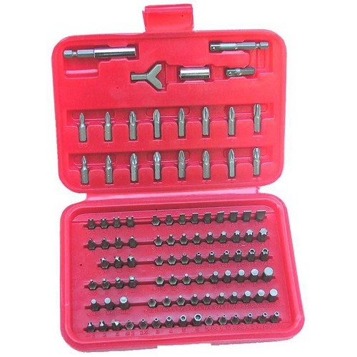 100 Piece Security Bit Set - A vast Tamperproof Screwdriver Security Bit Set with every bit you'll need!100 Piece Security Bit Set features include:  One of the most complete Tamperproof Screwdriver Security Bit Sets available anywhere with all of the most common amp; many of the rarest bits Includes magnetic holder amp; adaptors for power driving Includes the following bits  PH0, PH1, PH2 x 5pcs, PH3 SL 3, 4, 4.5, 5, 5.5, 6, 6.5, 7, 8mm PZ0, PZ1, PZ2 x 5pcs, PZ3 Spanner 4, 6, 8, 10 Tri-wing 1, 2, 3, 4 4 Square 0, S1, S2, S3 M 5, 6, 8 Torq-set 6, 8, 10 Clutch 1, 2, 3 2.4