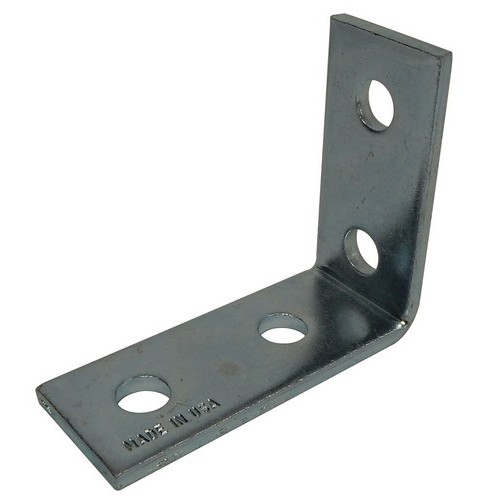 4 Hole 3 Way Corner Angle - Very durable Zinc-Plated Corner Angle.4 Hole 3 Way Corner Angle features include:  4 Hole 3 Way Corner Angle have Zinc Electro-Plate Finish 1-5/8 wide x 1/4 thick Holes are 9/16 diameter 13/16 center to edge Order Qty of 1 = 1 Piece Below is more info on our 4 Hole 3 Way Corner Angle