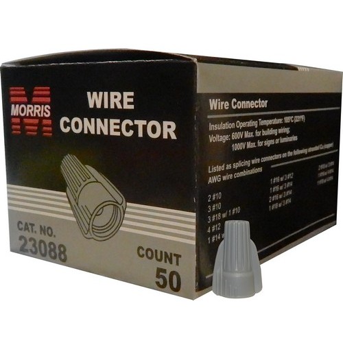 Winged Twist Connectors Gray Boxed 50 Pack - Winged Twist Connectors make Connecting Electrical Wiring Simple and Easy.Winged Twist Connectors Gray Boxed 50 Pack features include:  Swept wing fits into your hand naturally to give extra torque leverage and reduce the effort required for connecting even large wire combinations, yet compact, with narrow profile to take up less space in junction boxes Ribbed cap on color coded wire connectors provide more secure grip and faster fingertip starts even when hands become slippery Deep Skirt Entry Provides Protection From FlashOver or Shorting and Keeps Strands from Splaying Live Action Square Wire Spring Draws Wires Deep into Spring Provides a More Secure Grip No pre-twisting of conductors is required ndash; spring creates its own thread Connector Will Bite and Hold on Single Conductor when Capping Isolated Conductor Reusable connector threads on or off splice for fast and easy circuit changes and additions Tough, Heavy Duty Thick Wall UL 94V-2 Flame Retardant Housing will not crack or break, even when applied to maximum wire combinations under extreme pressure Temperature rated at 221deg;F (105deg;C) maximum 600V, 1000V fixtures amp; signs cULus Listed (Box 50 Pack) Order Qty of 50 = 1 Box of 50  nbsp;Below is more info on our Winged Twist Connectors Gray Boxed 50 Pack