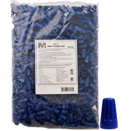 Screw-On Wire Connectors P2 Blue Bagged 1000 Bulk Pack - Color-Coded Screw On Wire Connectors for quick connections anytime.Screw-On Wire Connectors P2 Blue Bagged 1000 Bulk Pack features include:  Fixed Precise Conical Wire Spring No Pre-Twisting of Conductors is Required ndash; Spring Creates its Own Thread Reusable Screw on Wire Connector Threads On or Off splice for fast and easy circuit changes and additions Tough, UL 94V-2 Flame Retardant Shell will not crack or break, even when applied to maximum wire combinations under extreme pressure Ribbed-Cap Provides a more Secure Grip and faster fingertip starts even when hands become slippery Deep Skirt Wire Entry Provides Protection from Flash-Over and Shorts Threaded Funnel Entry Guides Wire Into Connector Cleanly without Strand Splaying Temperature Rated at 221deg;F (105deg;C) maximum Six Color-Coded Screw On Wire Connectors cover a full range of wire sizes from 22 through 8 Awg cULus Listed (Bagged Bulk Pack) Order Qty of 1000 = 1 Bag of 1000 Below is more info on our Screw-On Wire Connectors P2 Blue Bagged 1000 Bulk Pack